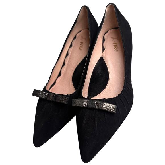 Miss L Fire Marilyn Pointed Toe Black Suede Kitten Heel 1950s Sz 40 Retro Bow EC - Picture 2 of 16